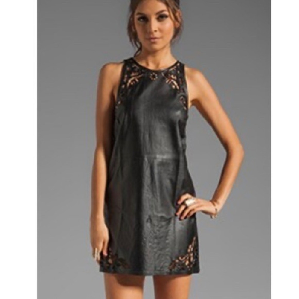 Shakuhachi leather Embroidered‎ shift dress Black Size medium
